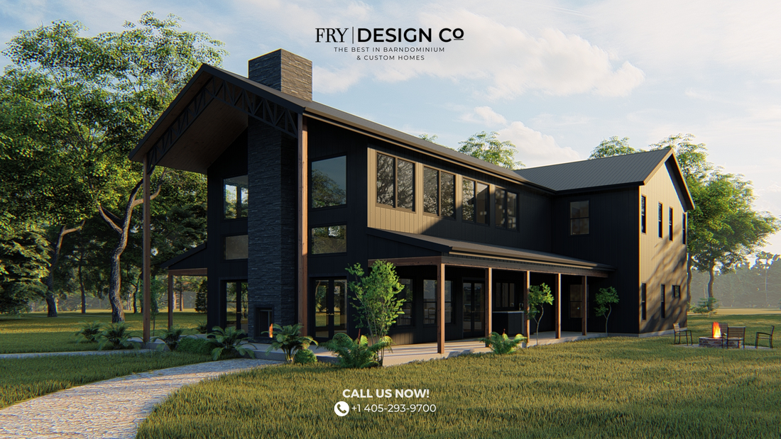A black barndominium design, designed by a barndominium designer based in Oklahoma.
