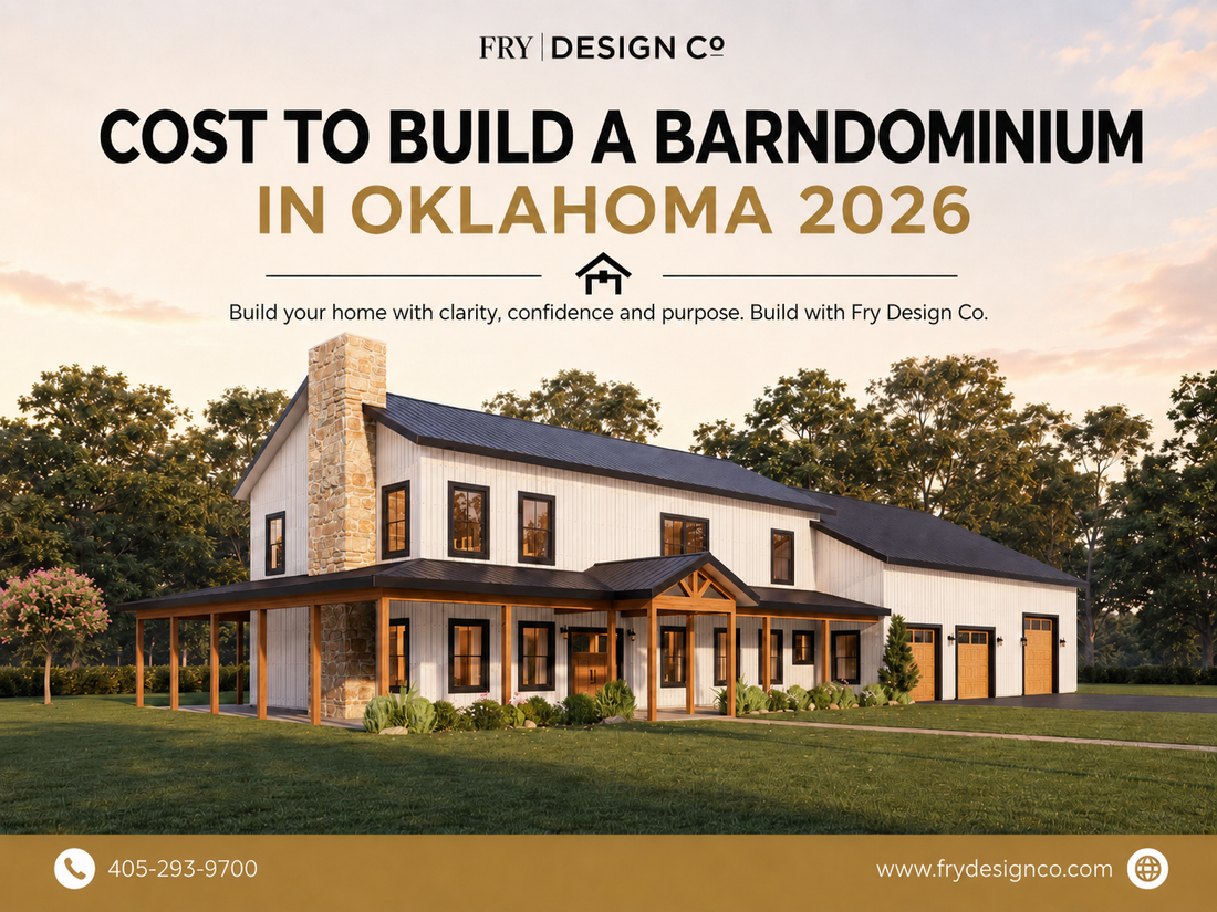 Two-story modern farmhouse barndominium with wraparound porch and three-car garage designed by Fry Design Co. in Oklahoma, illustrating a mid-range turnkey build in the 2026 cost guide.