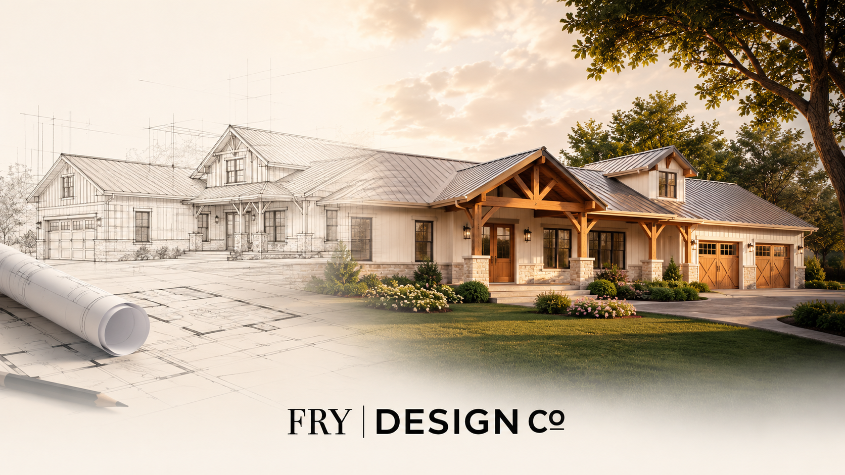 Fry Design Co. modern farmhouse shown transitioning from architectural sketch to finished home, with rolled blueprints and a pencil in the foreground, representing the design-to-build process.