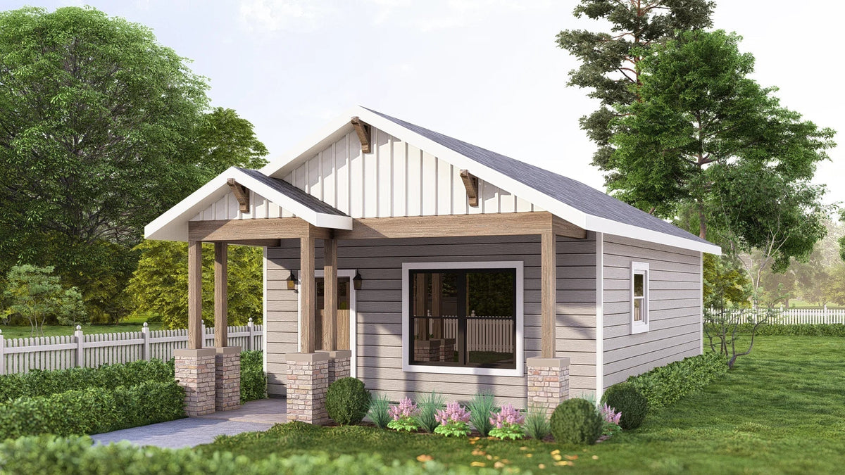Left side elevation of the Passionflower Plan, a 497 square foot one-bedroom cottage barndominium by Fry Design Co. in Oklahoma.