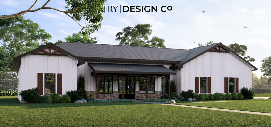 Willow Plan modern farmhouse barndominium by Fry Design Co., a 4 bedroom, 3.5 bath, 2,217 square foot exterior 3D render