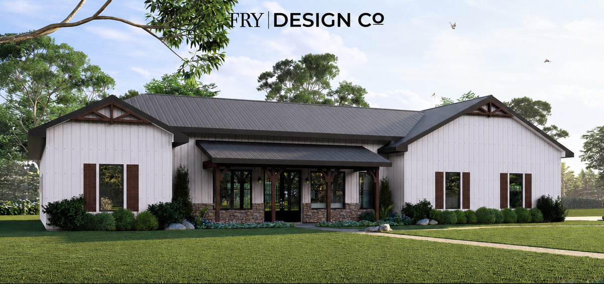 Willow Plan modern farmhouse barndominium by Fry Design Co., a 4 bedroom, 3.5 bath, 2,217 square foot exterior 3D render