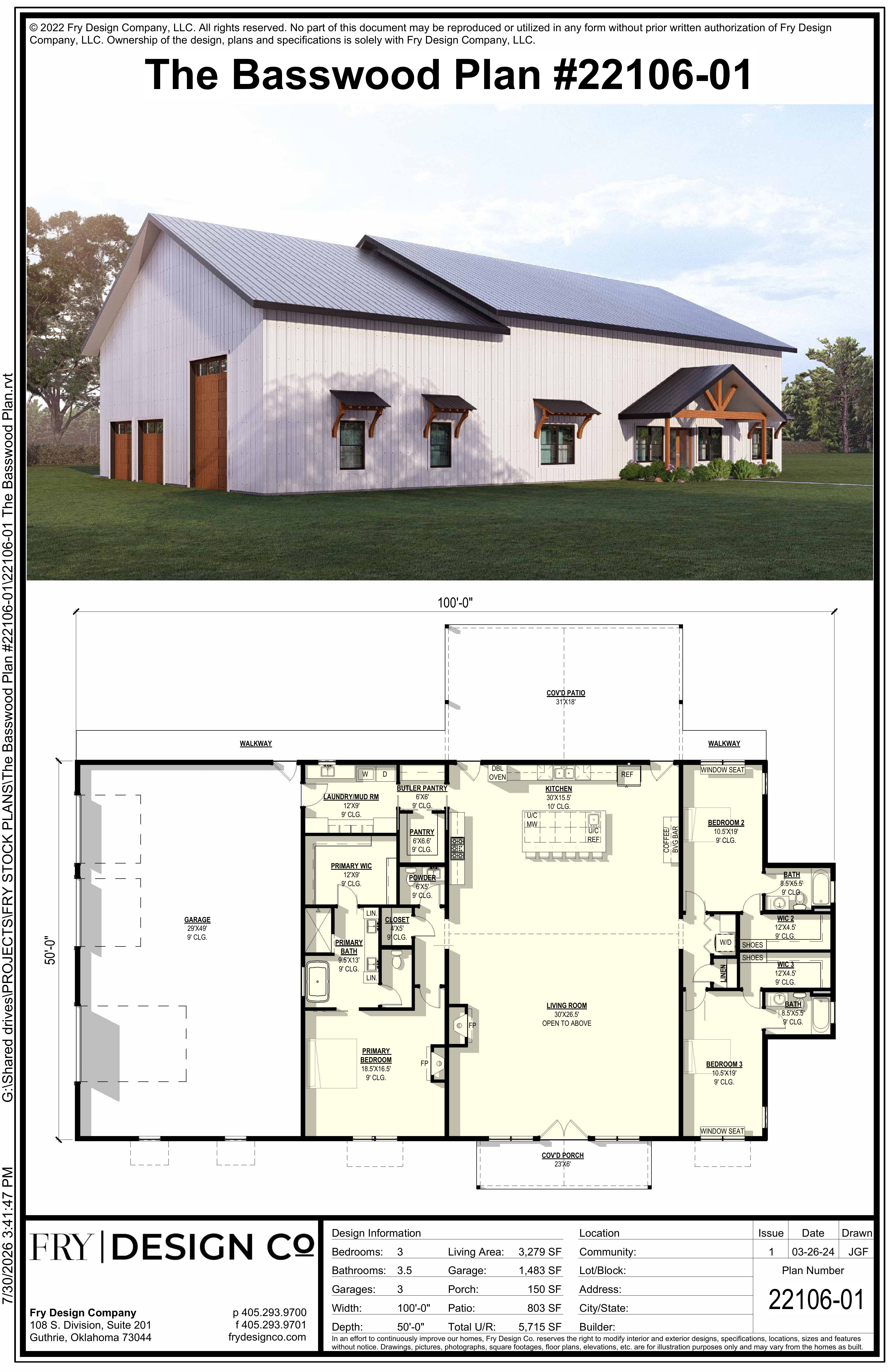 Basswood Plan (3/3.5/3 3,279 SF)